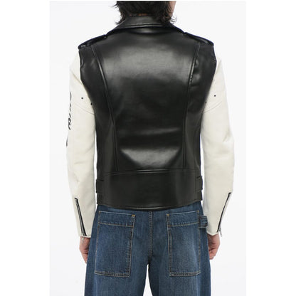 BLACK Two-Tone Eco-Leather Biker Jacket with Prints
