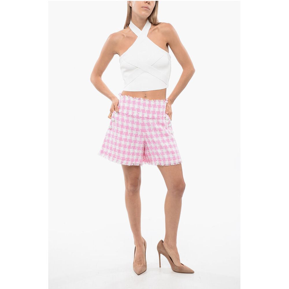 Houndstooth Tweed Shorts with Logoed Buttons