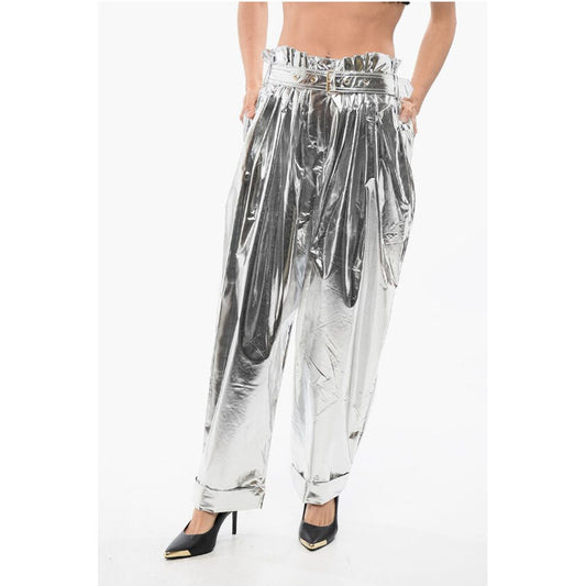Pleated High-waisted Baggy-Fit Pants Metallic Effect