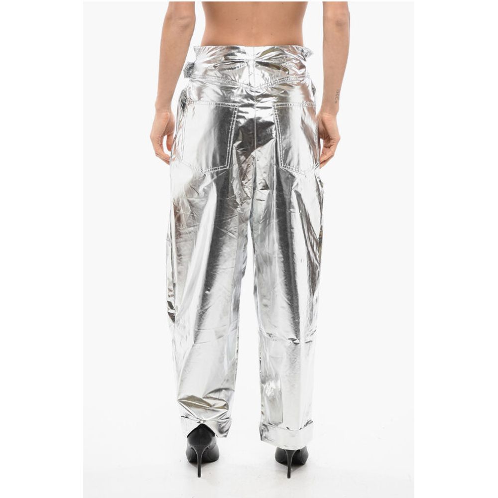 Pleated High-waisted Baggy-Fit Pants Metallic Effect