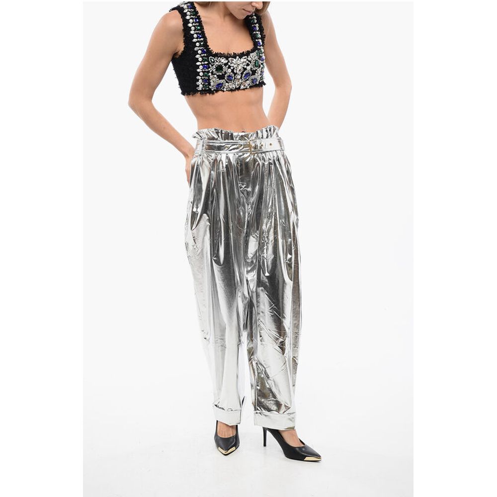 Pleated High-waisted Baggy-Fit Pants Metallic Effect