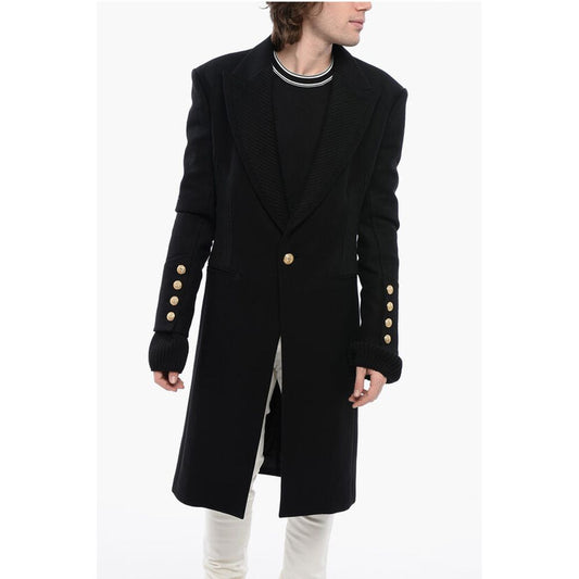 Virgin Wool Blend Coat with Ribbed Knitted Details