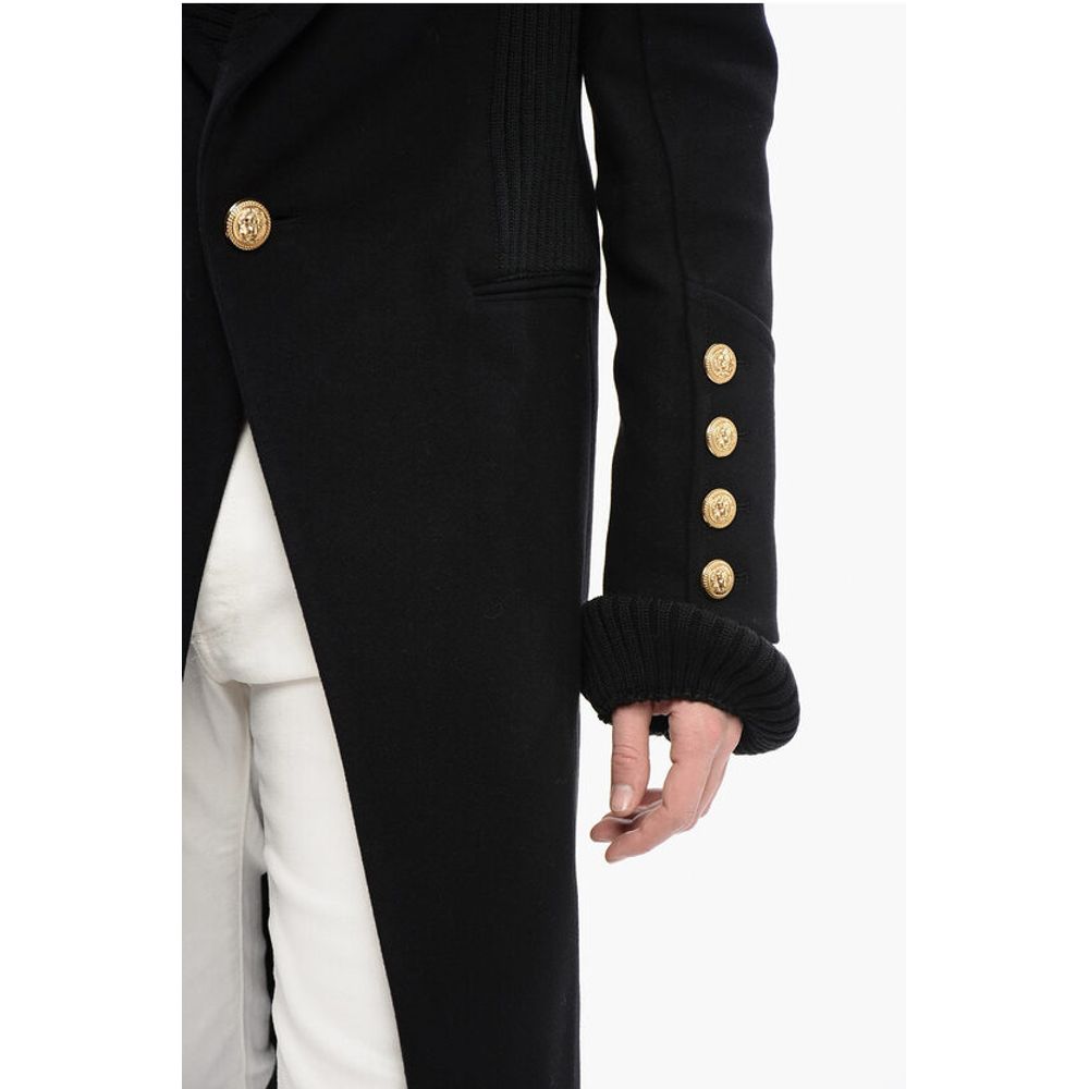 Virgin Wool Blend Coat with Ribbed Knitted Details