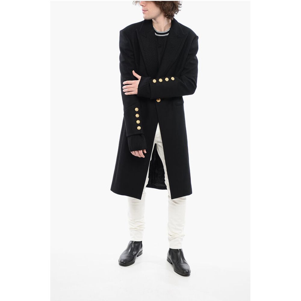 Virgin Wool Blend Coat with Ribbed Knitted Details