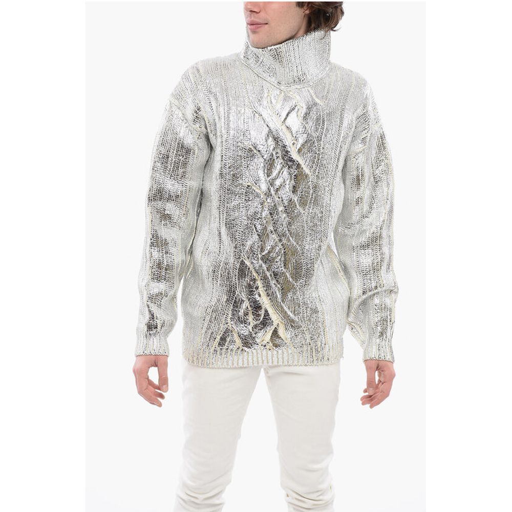 Lamè Coated Wool Blend Pullover with Turtleneck