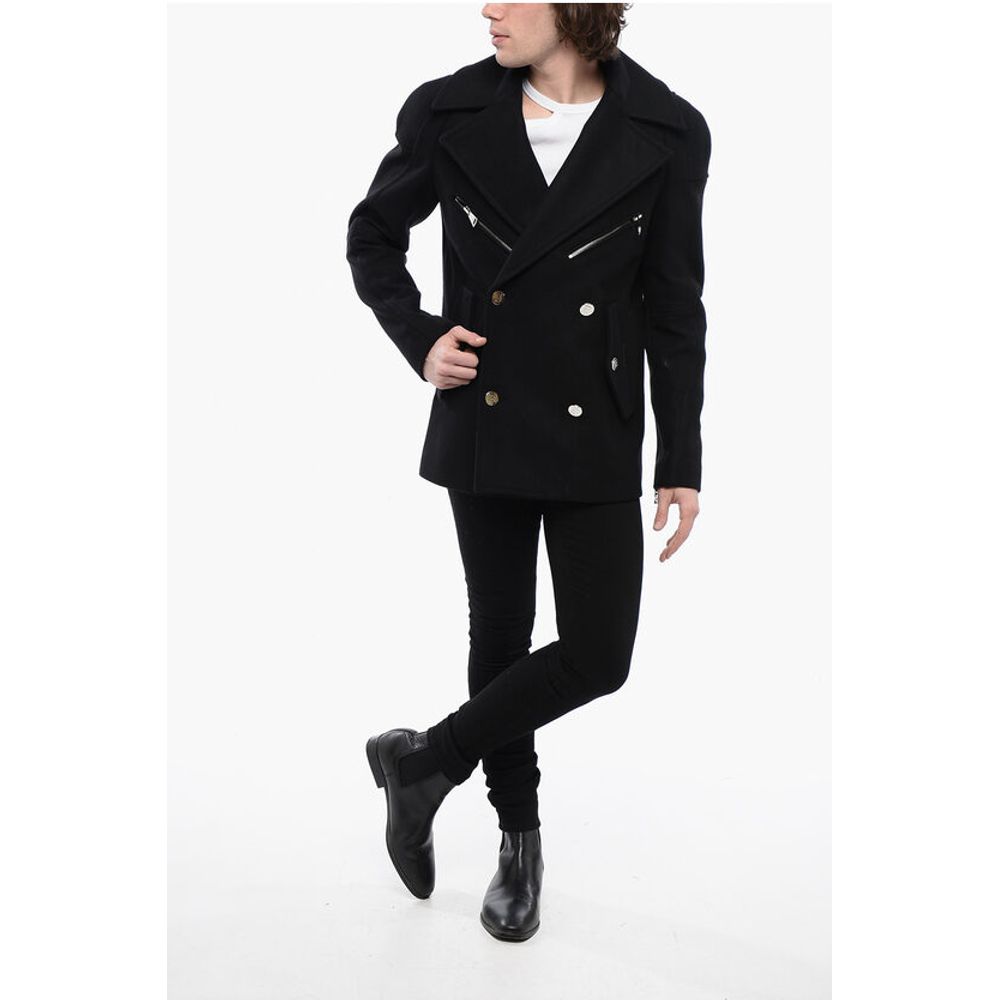 Double-breasted Virgin Wool Blend Coat with Logoed Buttons