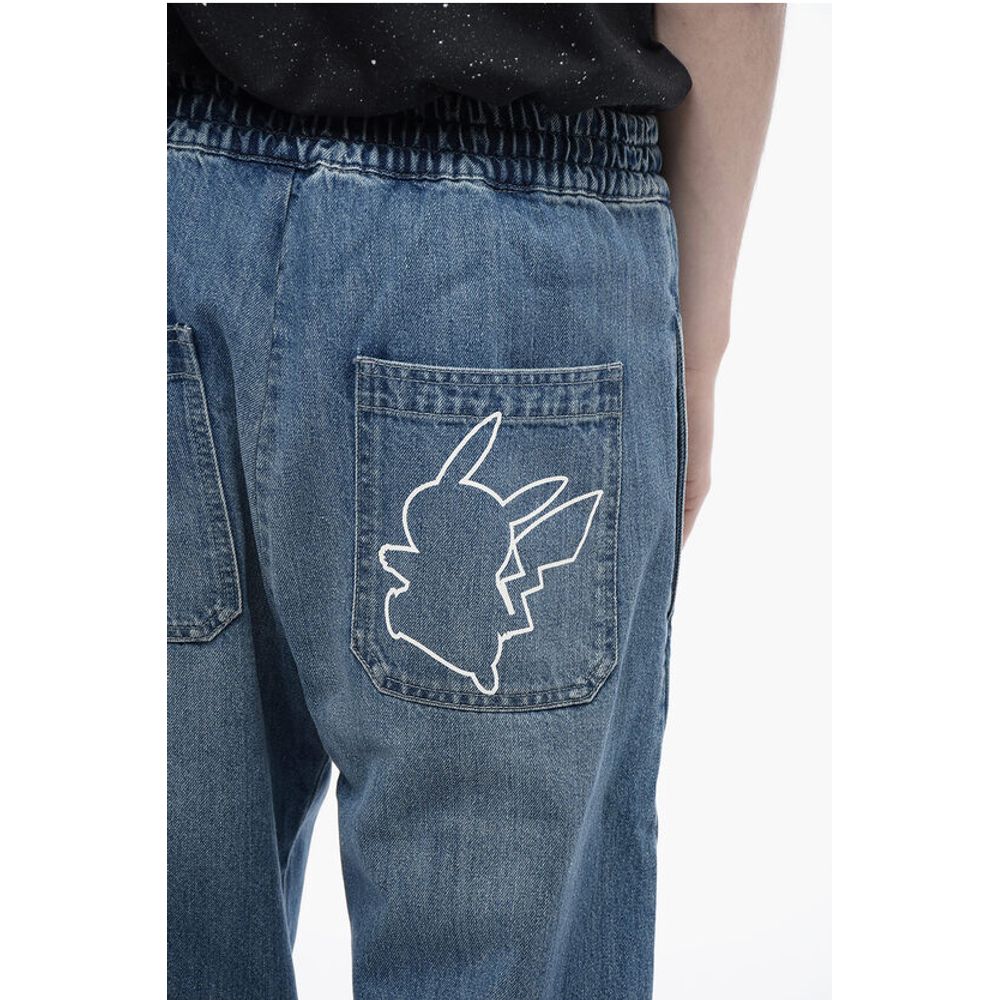 BALMAIN X POKEMON Denim Gaucho Shorts with Elastic Waistband