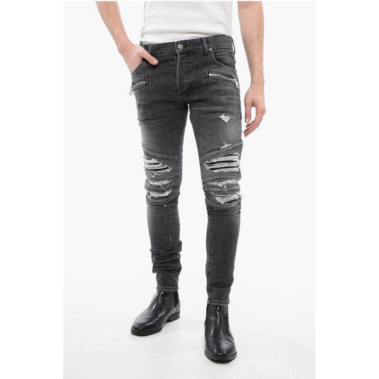 Multipocketed Distressed Denims with Leather Biker Inserts 1
