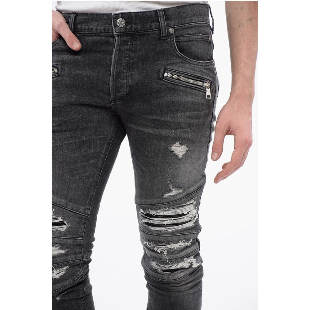 Multipocketed Distressed Denims with Leather Biker Inserts 1