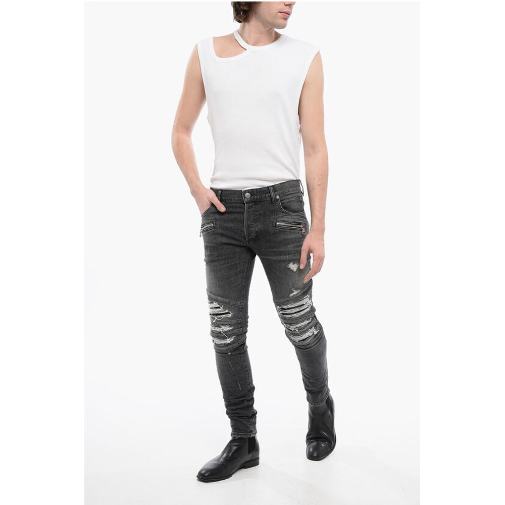 Multipocketed Distressed Denims with Leather Biker Inserts 1