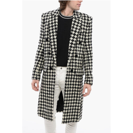 Houndstooth Patterned Tweed Coat with Velour Buttons