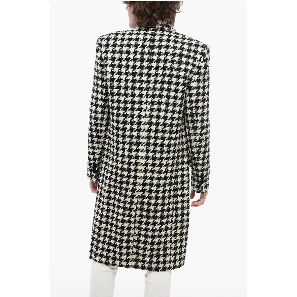 Houndstooth Patterned Tweed Coat with Velour Buttons