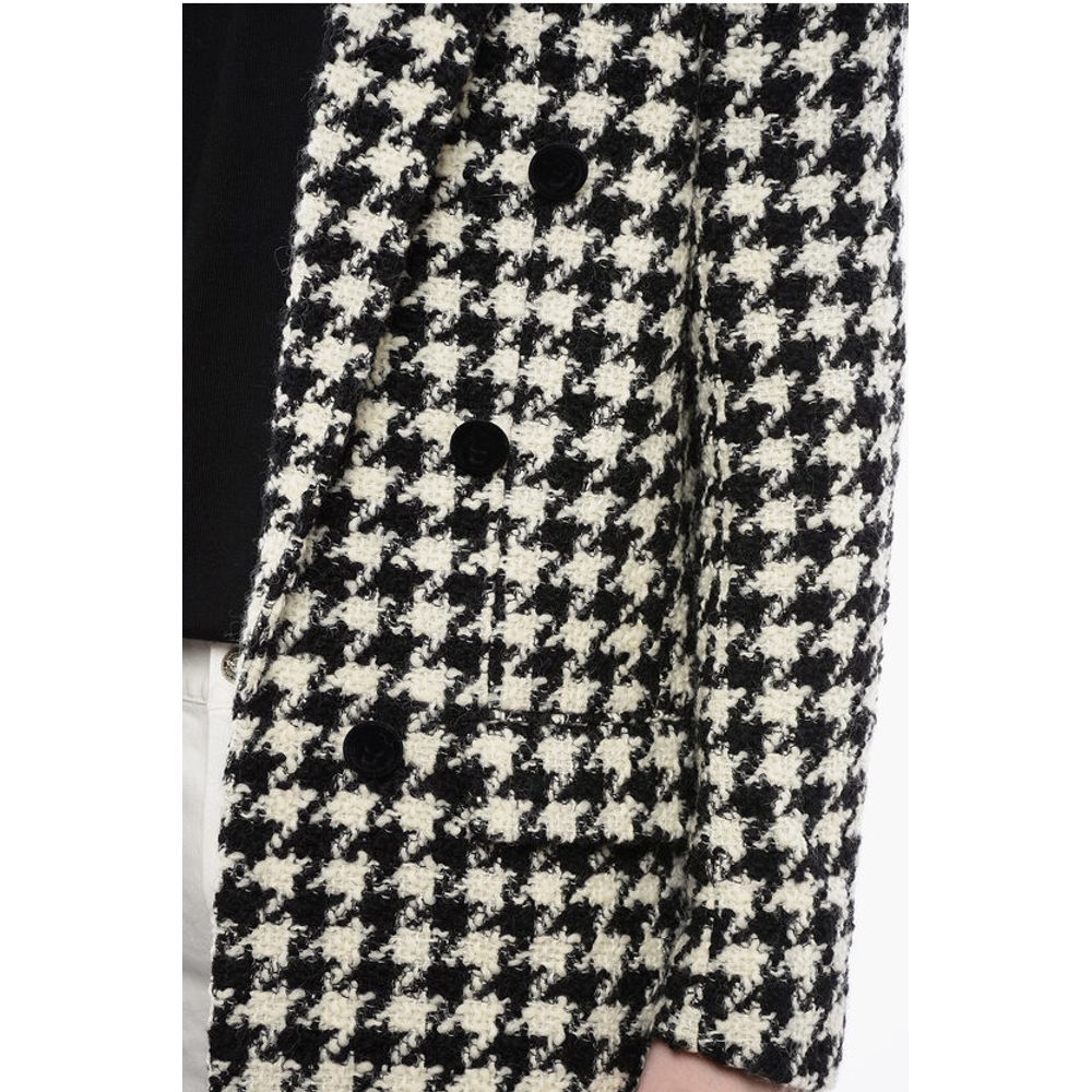 Houndstooth Patterned Tweed Coat with Velour Buttons