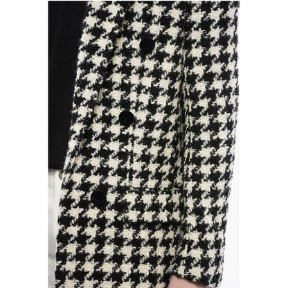 Houndstooth Patterned Tweed Coat with Velour Buttons
