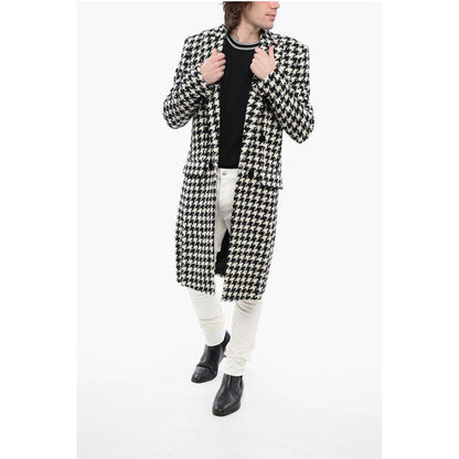 Houndstooth Patterned Tweed Coat with Velour Buttons