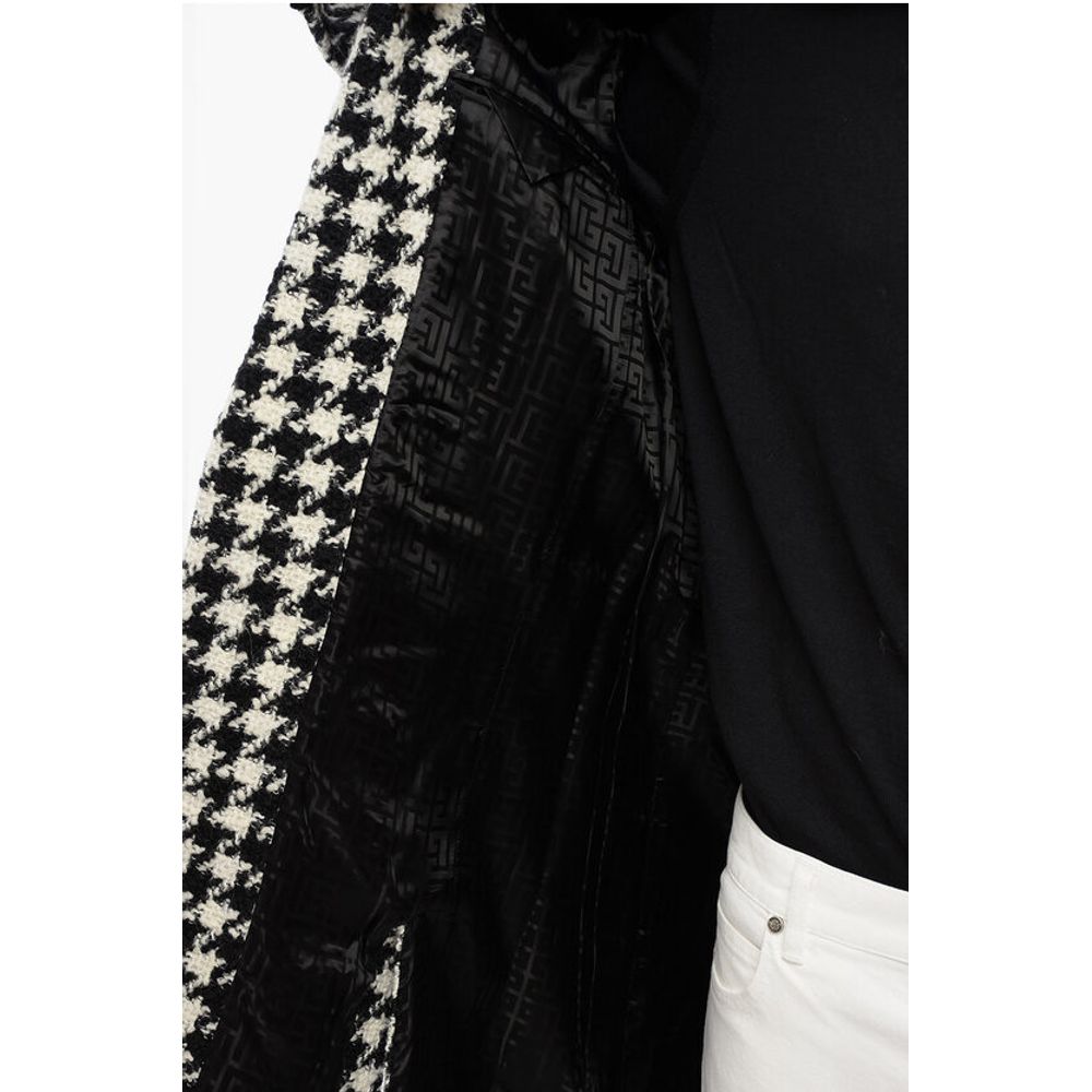Houndstooth Patterned Tweed Coat with Velour Buttons