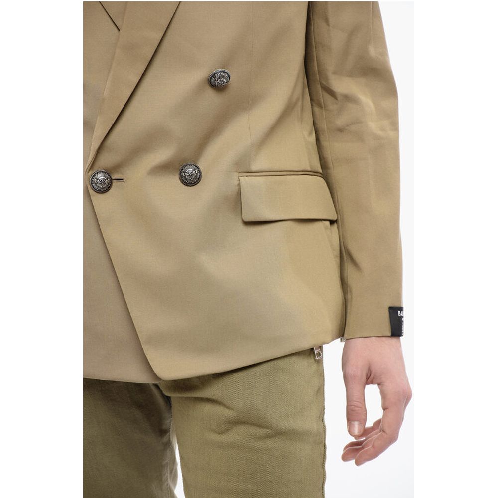 Double-breasted Cotton Blend Unlined Blazer with Logoed Butt