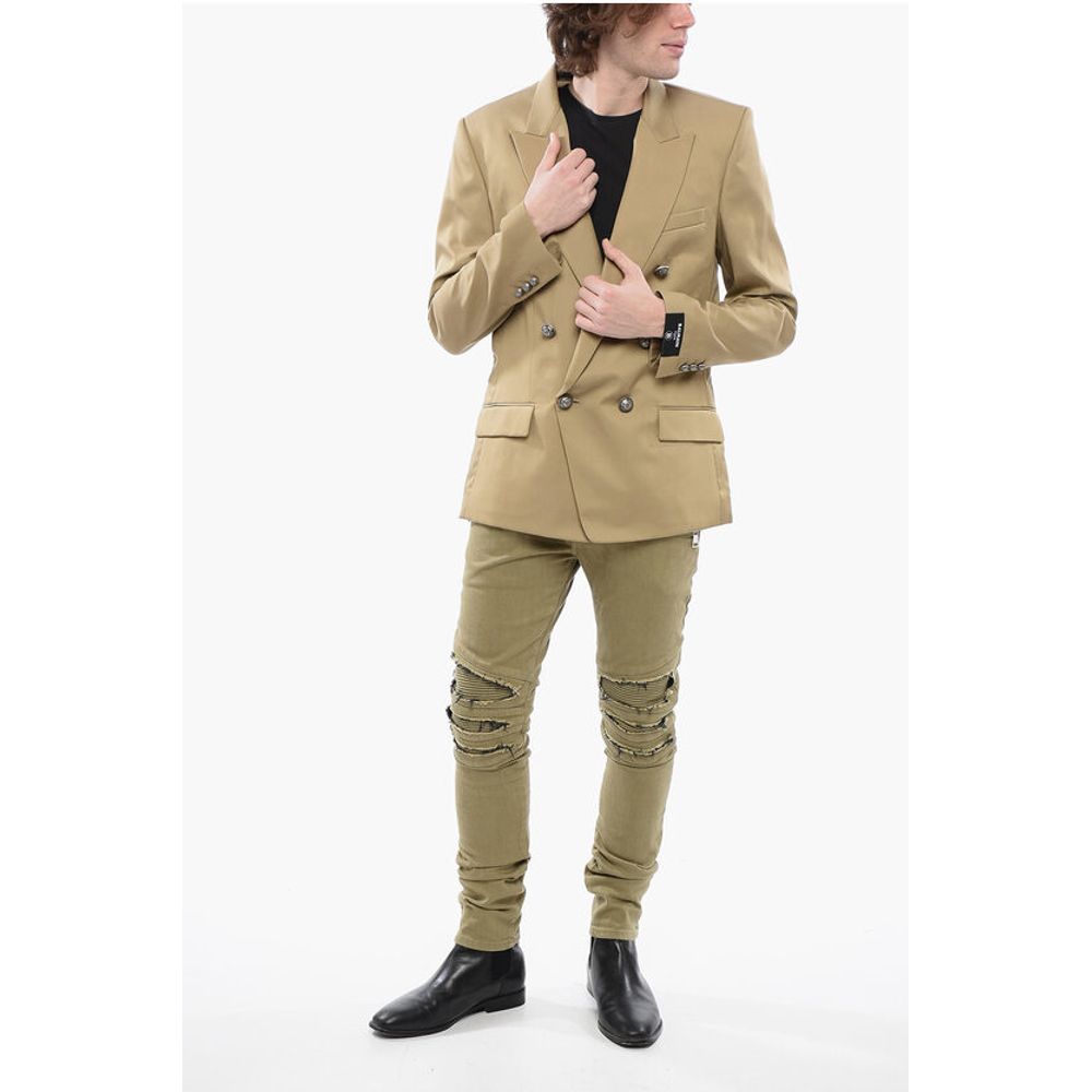 Double-breasted Cotton Blend Unlined Blazer with Logoed Butt