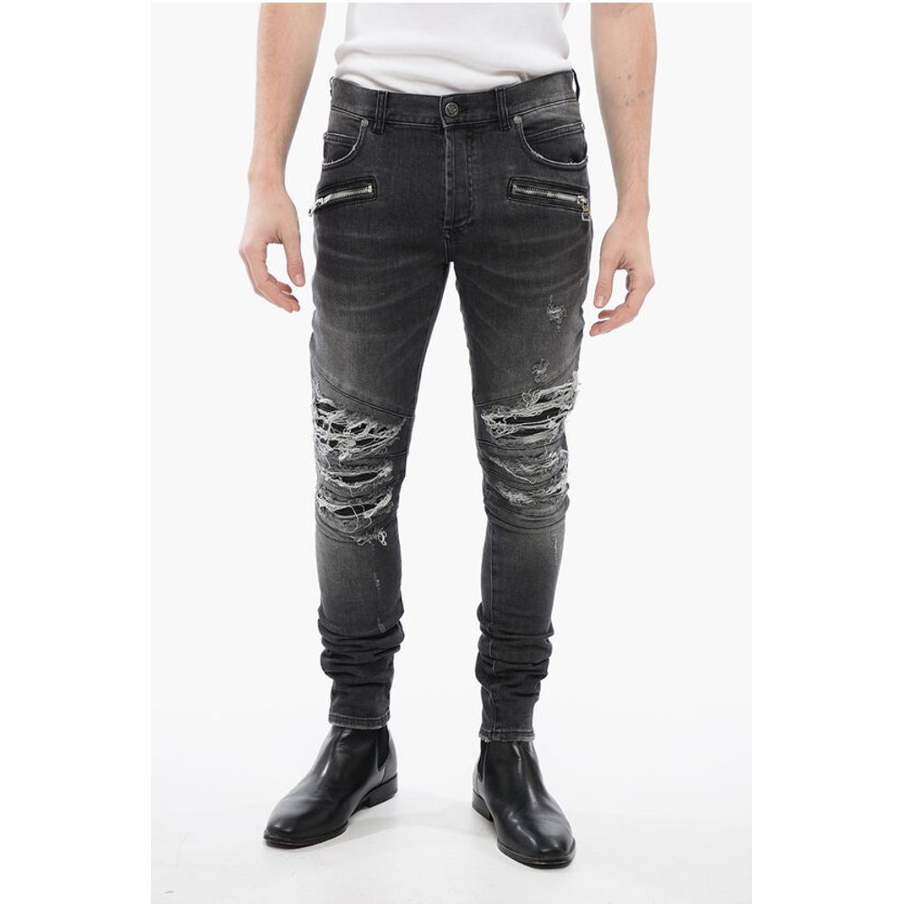 Multipocketed Distressed Denims with Leather Biker Inserts 1