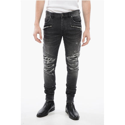 Multipocketed Distressed Denims with Leather Biker Inserts 1