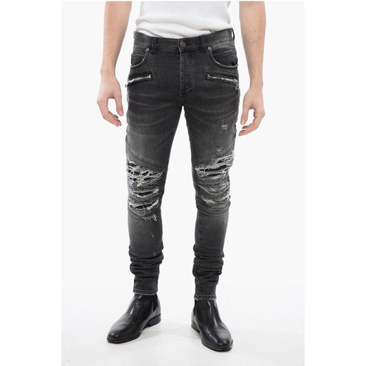 Multipocketed Distressed Denims with Leather Biker Inserts 1