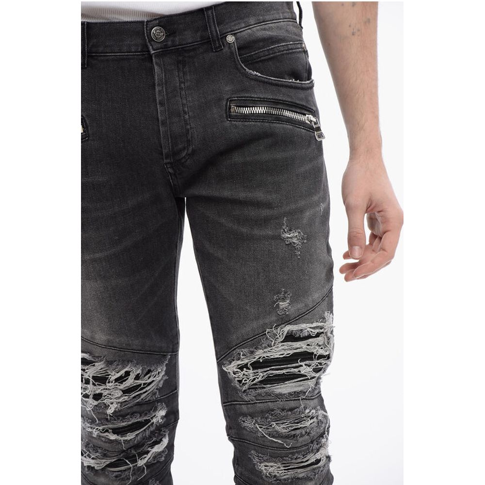 Multipocketed Distressed Denims with Leather Biker Inserts 1