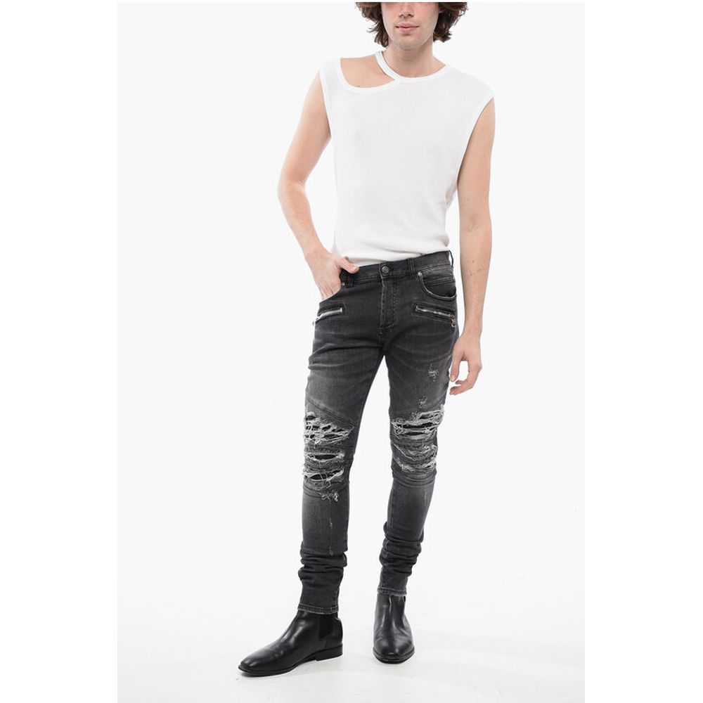 Multipocketed Distressed Denims with Leather Biker Inserts 1