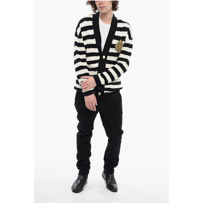 Awning Striped Cotton Cardigan with Embroidered Emblem