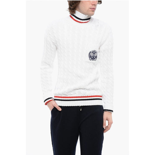 Turtleneck Cable Knit Cotton Sweater with Embroidered Emblem