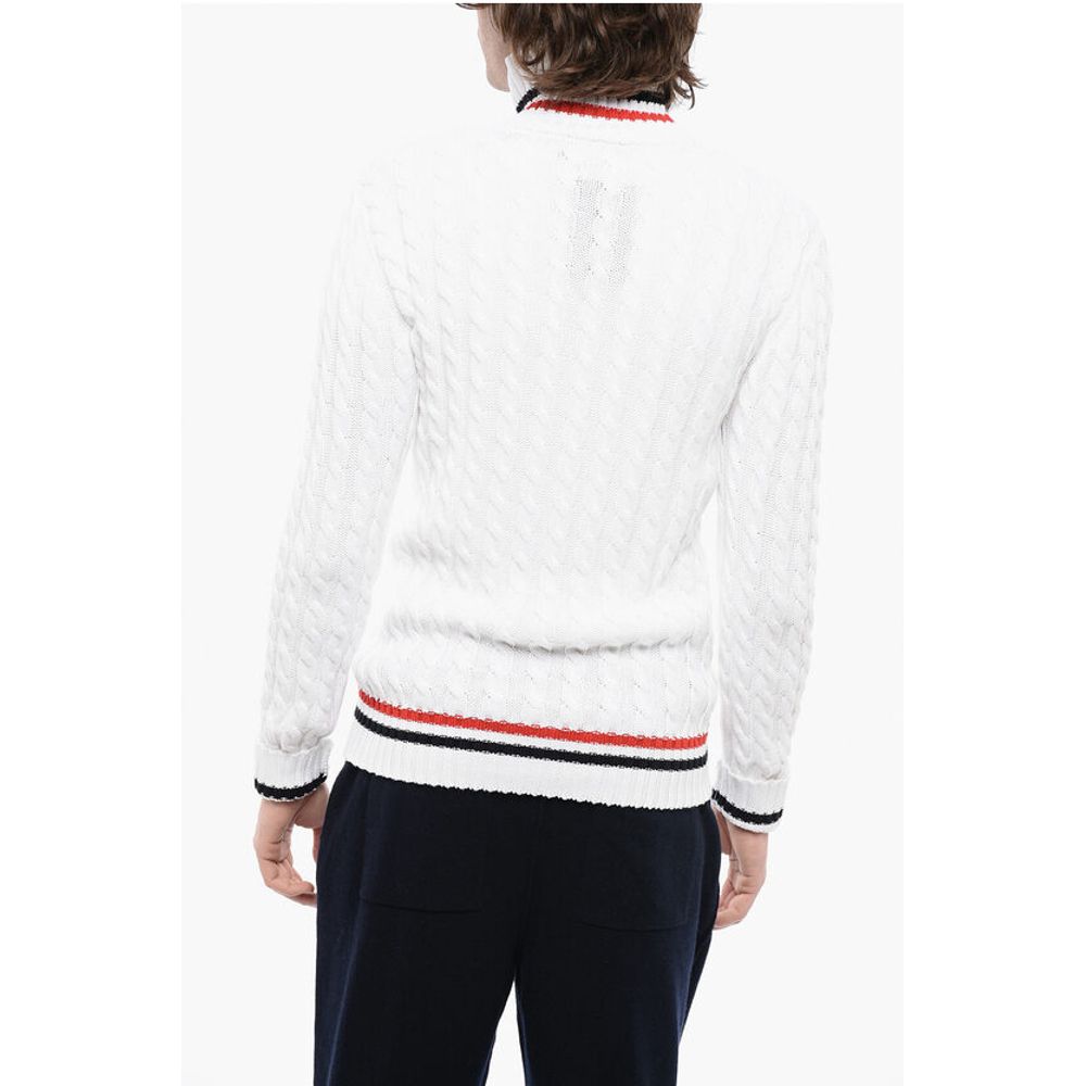 Turtleneck Cable Knit Cotton Sweater with Embroidered Emblem