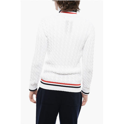 Turtleneck Cable Knit Cotton Sweater with Embroidered Emblem