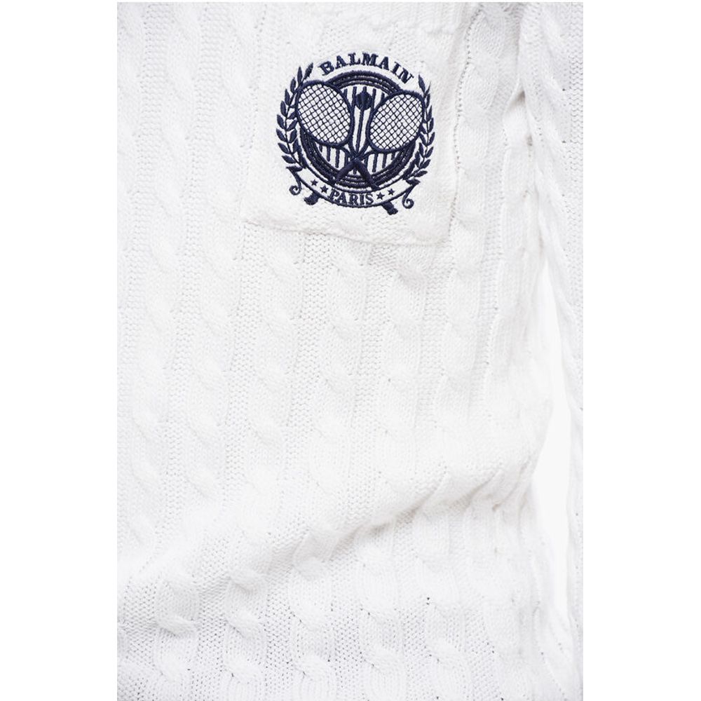 Turtleneck Cable Knit Cotton Sweater with Embroidered Emblem