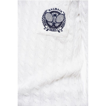 Turtleneck Cable Knit Cotton Sweater with Embroidered Emblem
