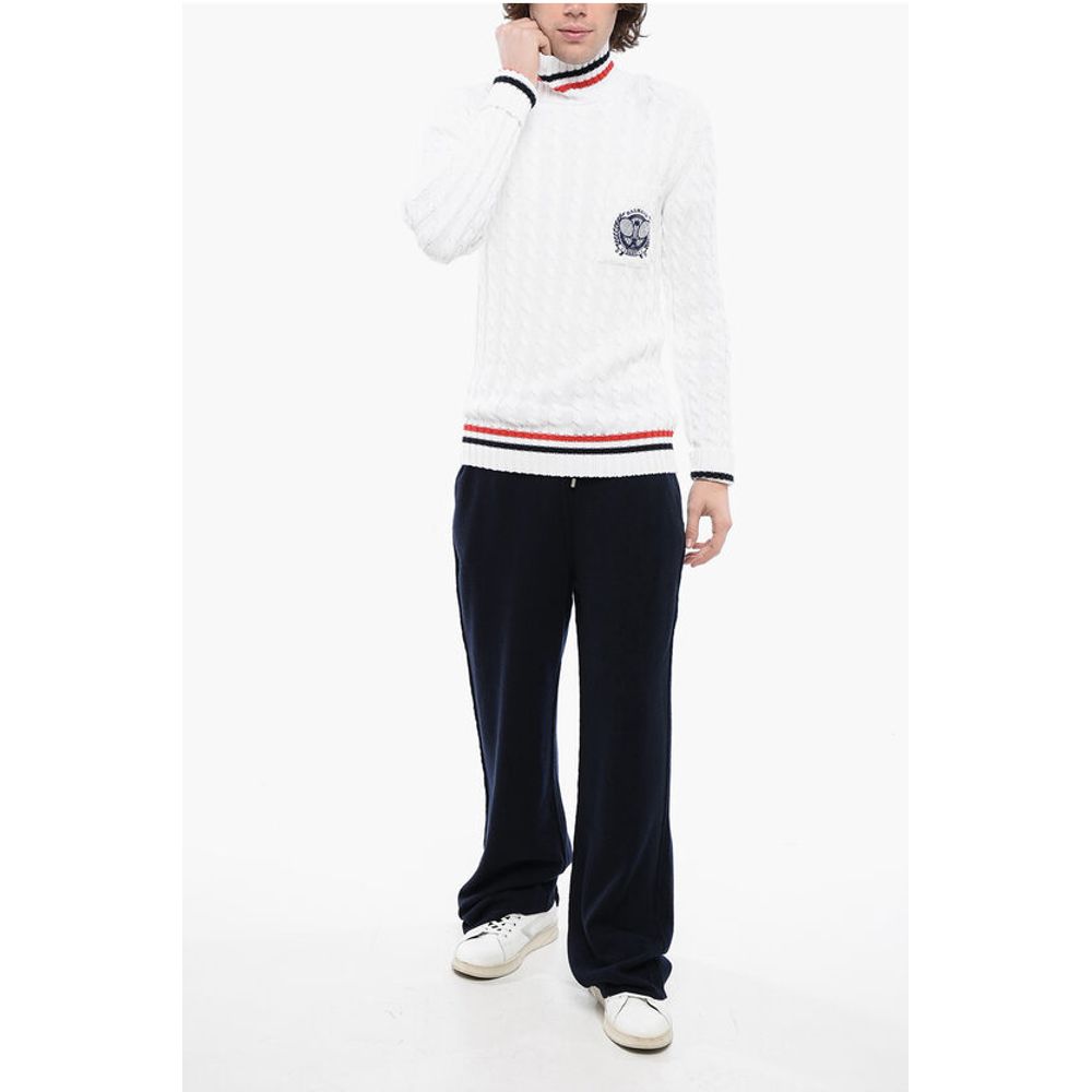 Turtleneck Cable Knit Cotton Sweater with Embroidered Emblem