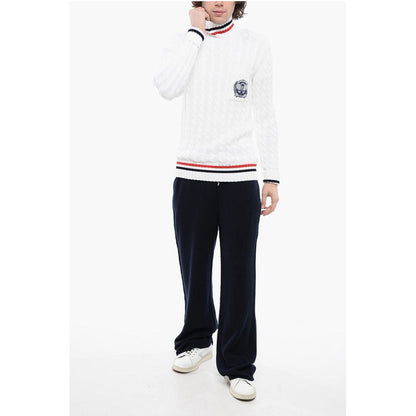 Turtleneck Cable Knit Cotton Sweater with Embroidered Emblem