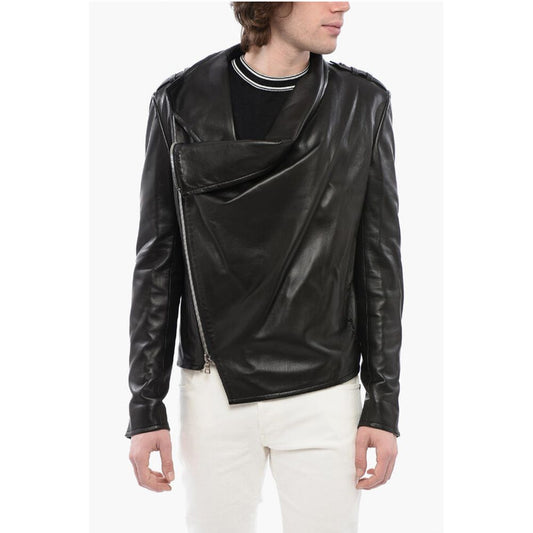 Front Draped Leather Jacket with Decentralized ZIp