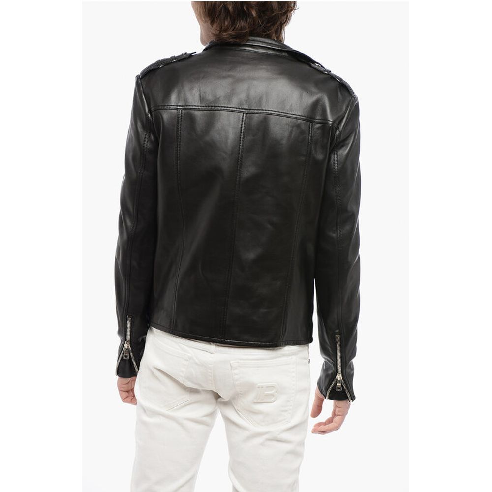 Front Draped Leather Jacket with Decentralized ZIp