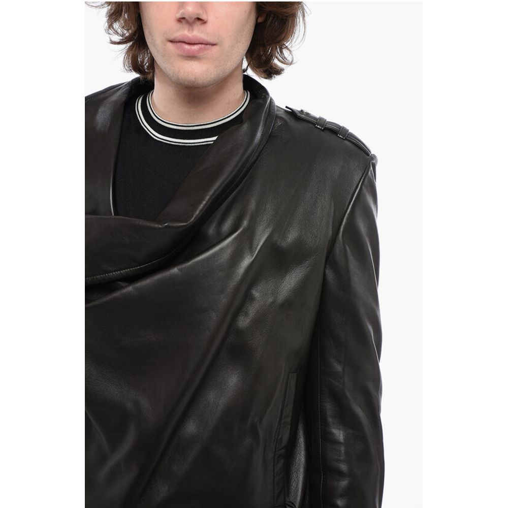 Front Draped Leather Jacket with Decentralized ZIp