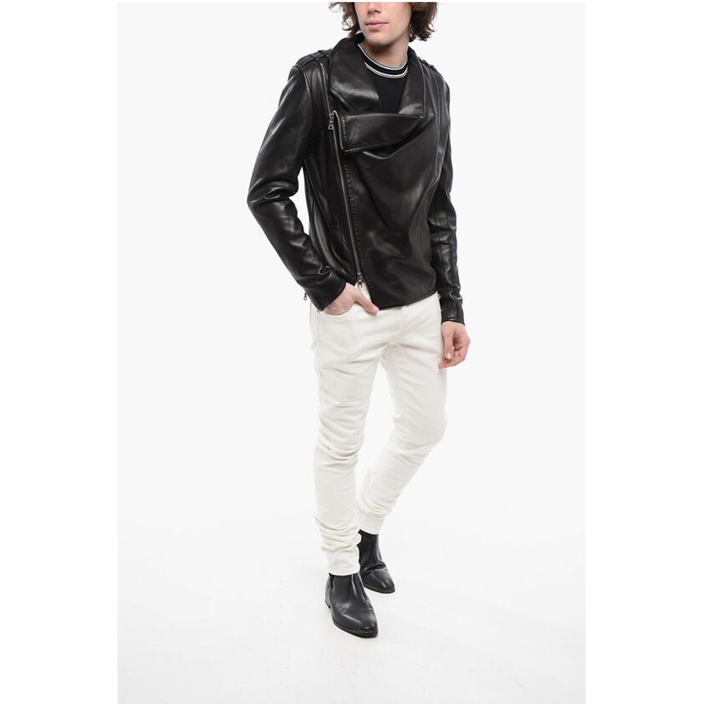 Front Draped Leather Jacket with Decentralized ZIp