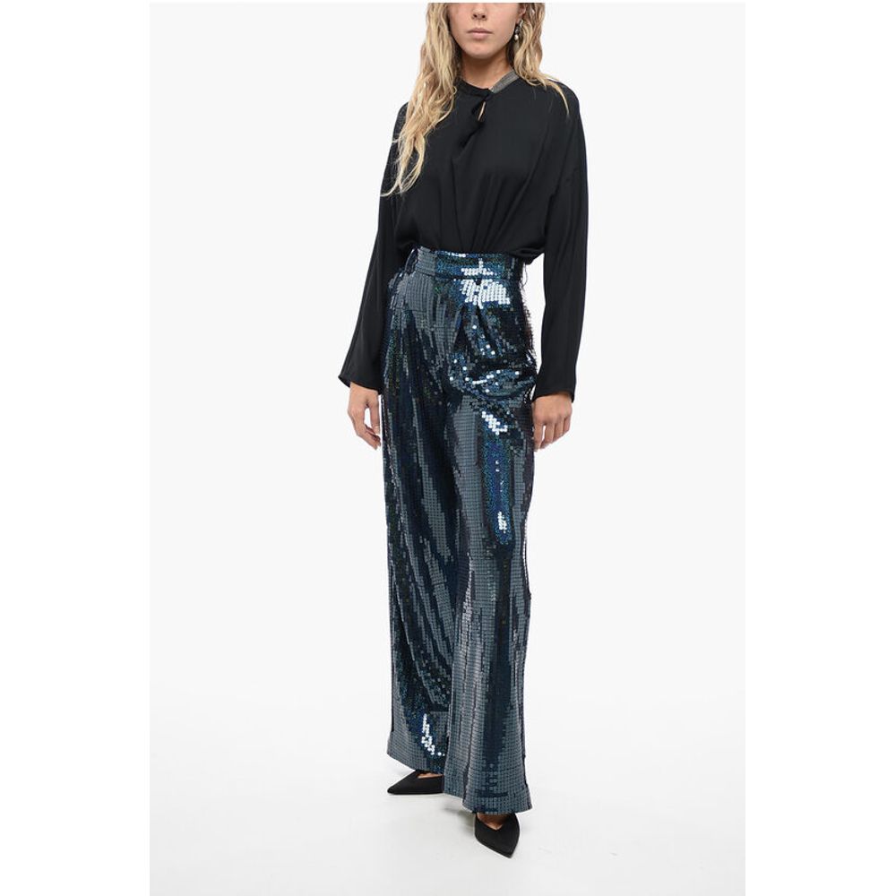All-Over Sequined Wide-Leg Pants with Pleats