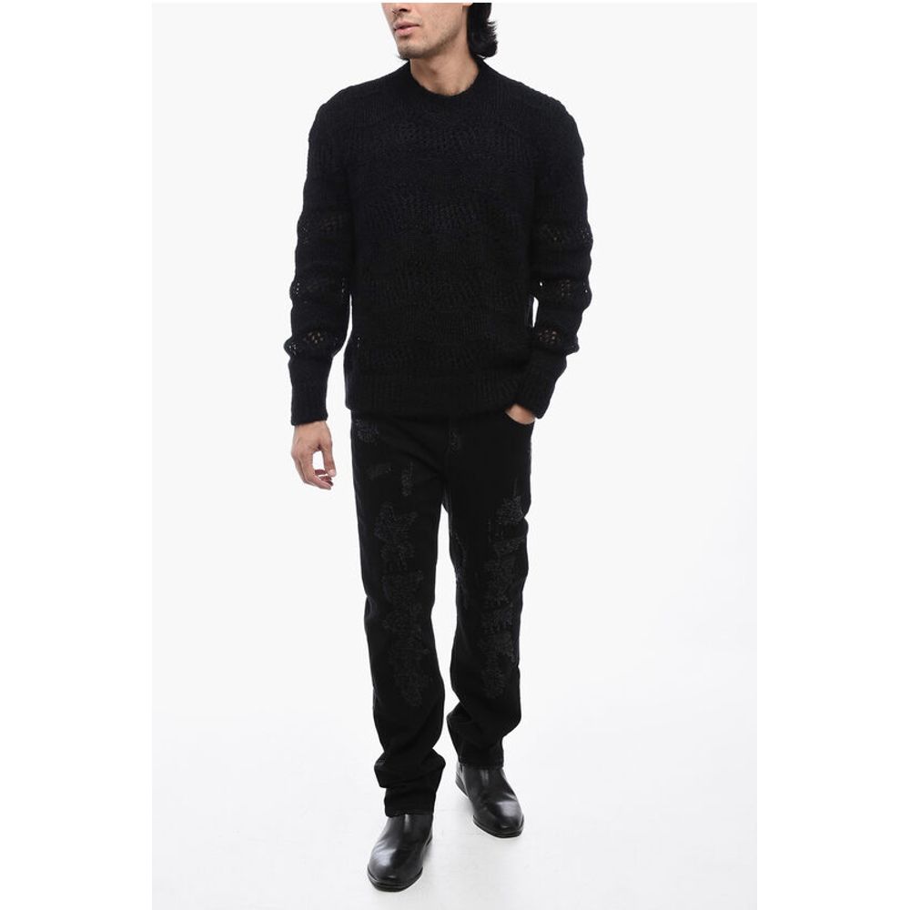 Crew Neck Openwork Mohair Blend Sweater