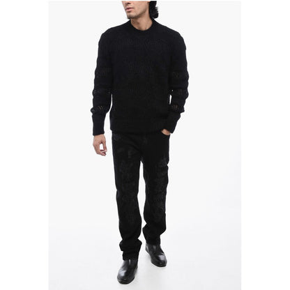 Crew Neck Openwork Mohair Blend Sweater