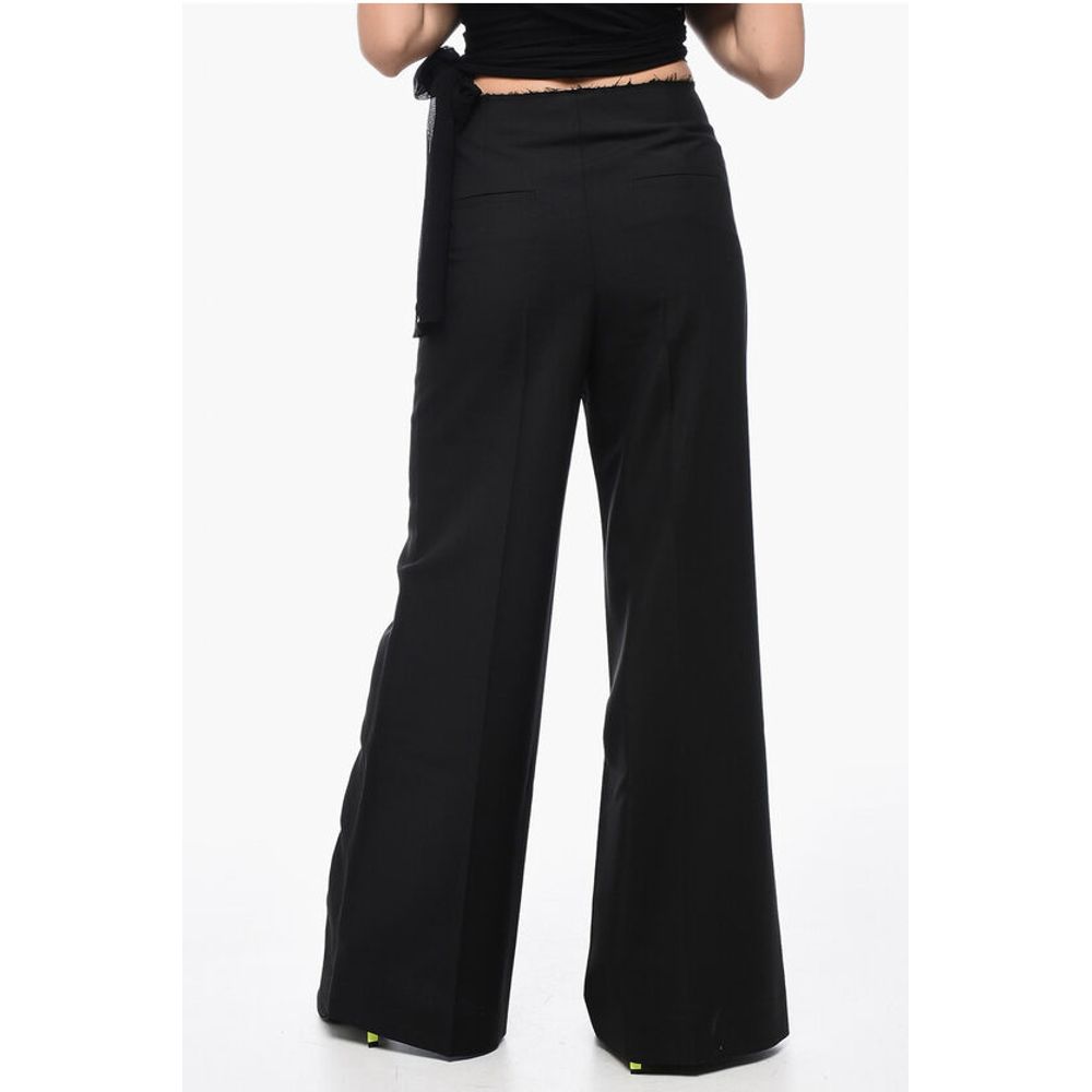 Single-pleated Wool Blend Palazzo Pants with Raw-cut Detail