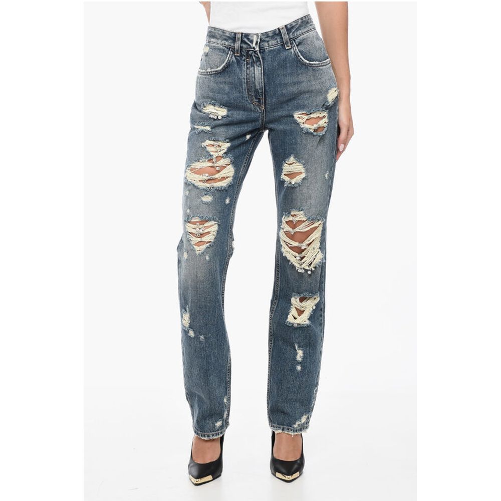 Distressed Cotton Slim Fit Denims with Jewel Details 18cm