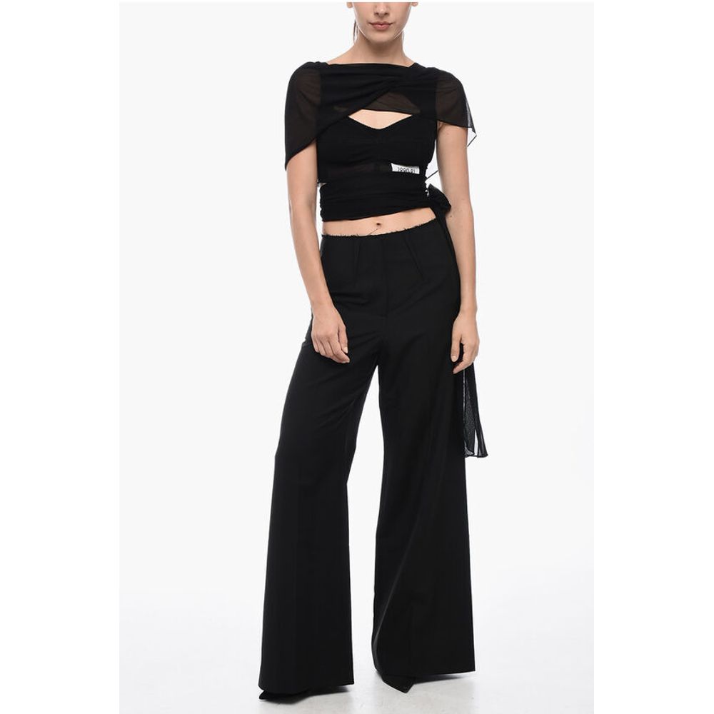 Single-pleated Wool Blend Palazzo Pants with Raw-cut Detail