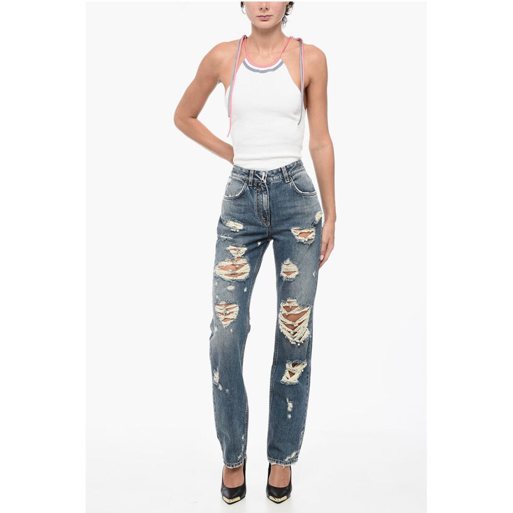 Distressed Cotton Slim Fit Denims with Jewel Details 18cm