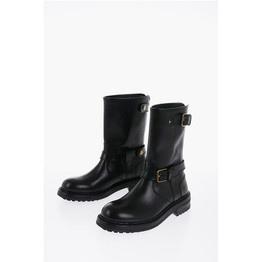 Zipped Closure Leather Boots With Buckles