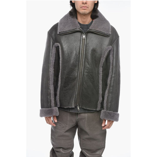 Vintage Effect Leather L-BROWNY Oversized Jacket with Fur De