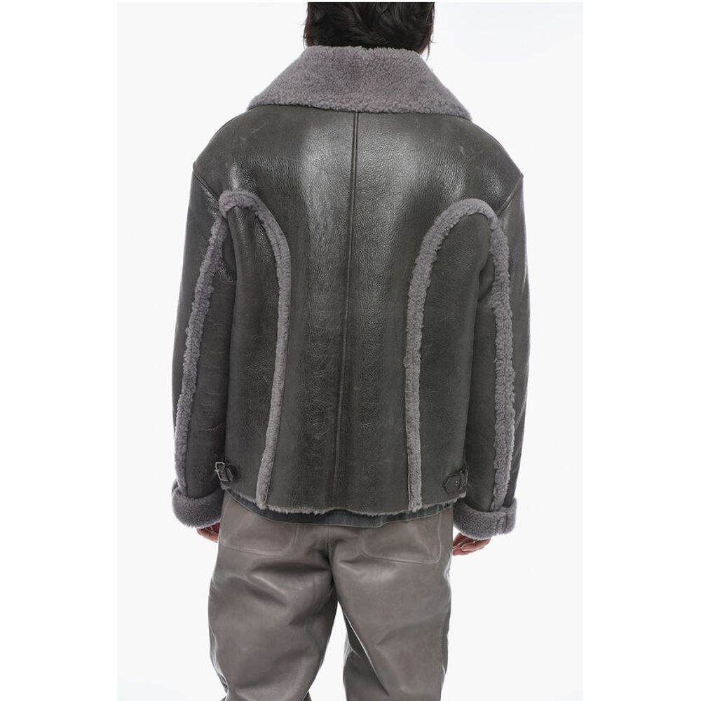 Vintage Effect Leather L-BROWNY Oversized Jacket with Fur De