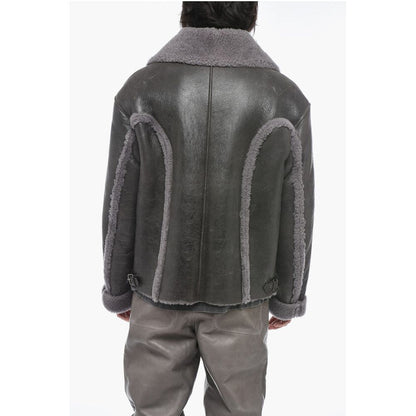 Vintage Effect Leather L-BROWNY Oversized Jacket with Fur De